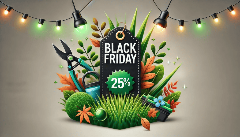 A festive Black Friday promotion image for landscaping and lawn care businesses. It features a large discount tag labeled ‘Black Friday 25%’ surrounded by green foliage, autumn leaves, garden shears, a watering can, and outdoor string lights in warm colors, symbolizing seasonal deals.