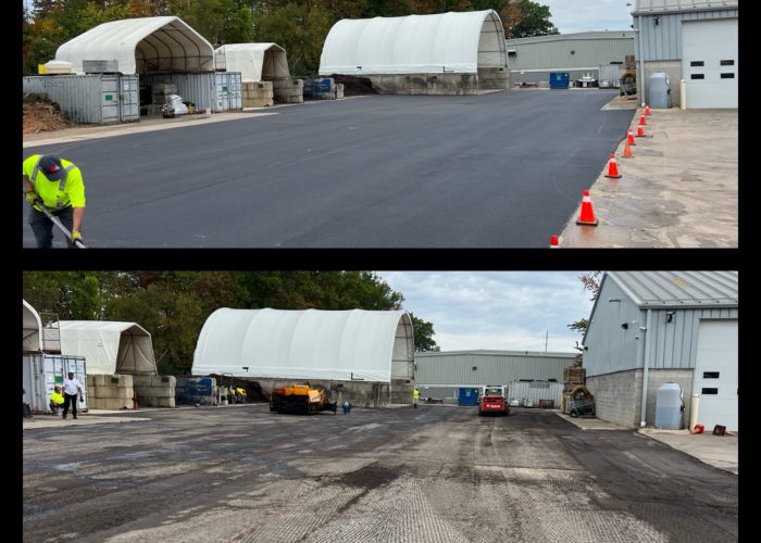 Legacy Paving transformed an old, rough area into a smooth new asphalt surface, showing before and after progress.