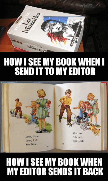 Meme with the caption How I see my book editor, how I see my book when my editor sends it back