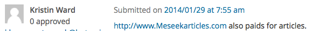 Case study 3 to demonstrate freelance writing scams (screenshot of a blog comment)