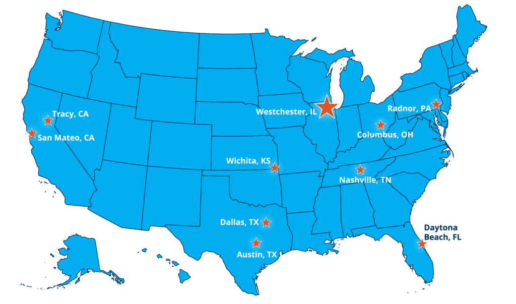 A map of the US with MedHQ locations highlighted