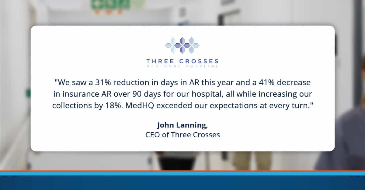 "We saw a 31% reduction in days in AR this year and a 41% decrease in insurance AR over 90 days for our hospital, all while increasing our collections by 18%. MedHQ exceeded our expectations at every turn." John Lanning, CEO of Three Crosses