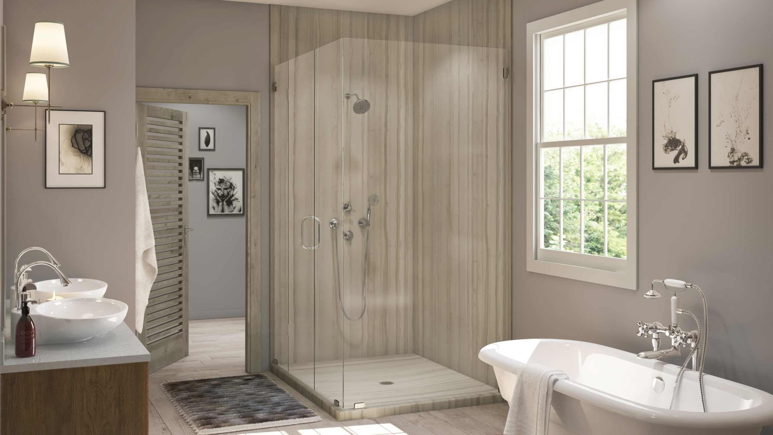 This bathroom by Mid State Baths shows a bright, modern space with two sinks, a stylish tub, and lots of natural light.