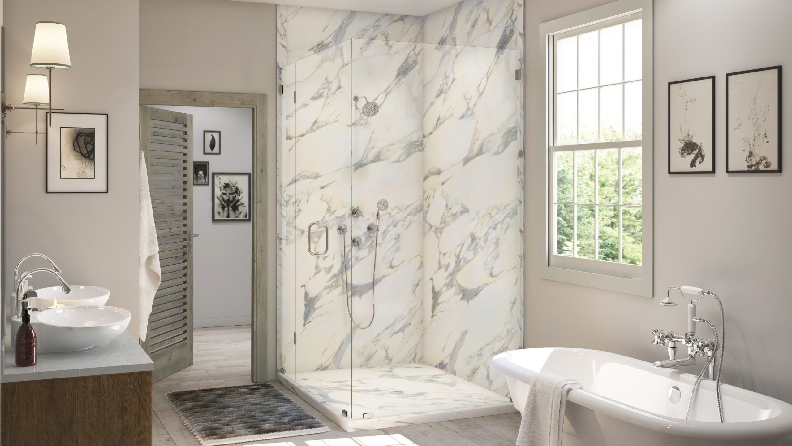 A beautiful, clean bathroom by Mid State Baths shows a relaxing space with modern upgrades and lots of natural light.