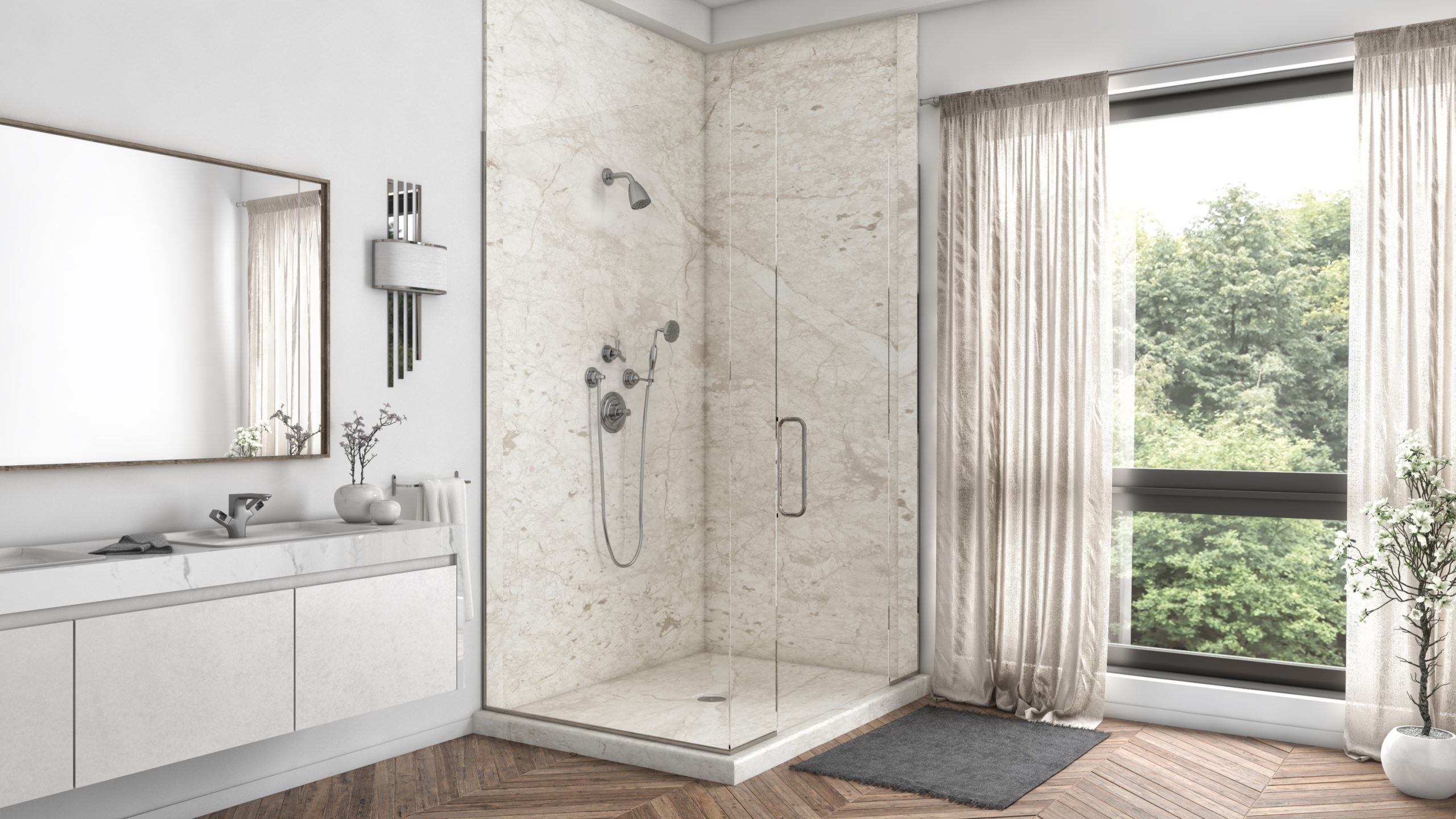 Modern, clean bathroom by Mid State Baths showing a bright, relaxing space for a bathroom remodel.