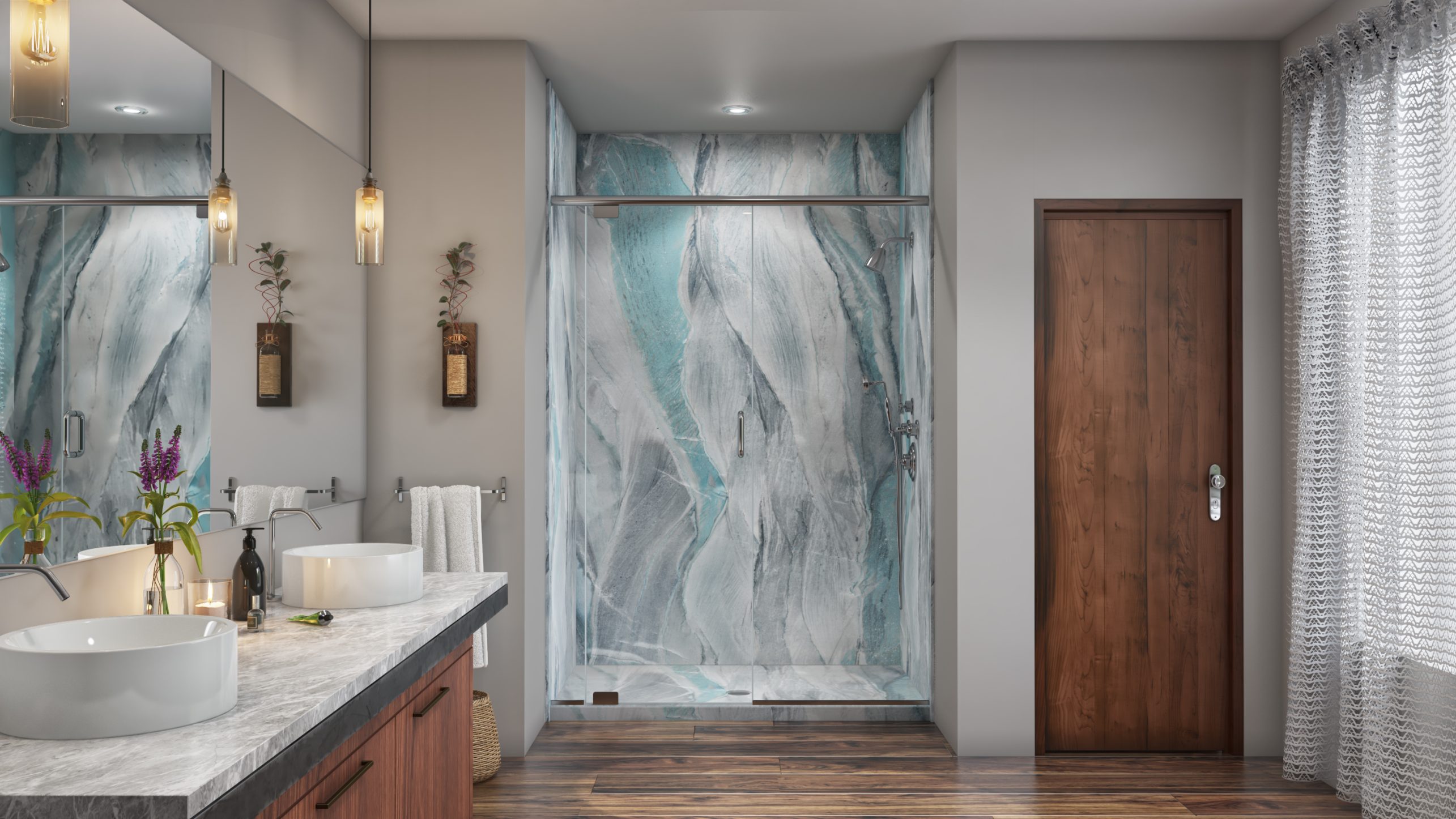 A clean, modern bathroom by Mid State Baths shows a relaxing space with stylish sinks and shower, perfect for updating your home.