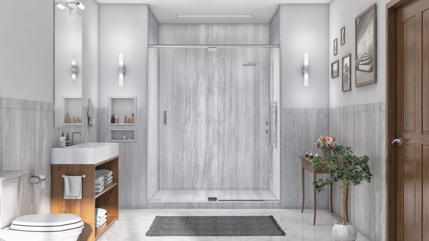 A clean, modern bathroom shows how Mid State Baths can remodel your space for comfort and style.