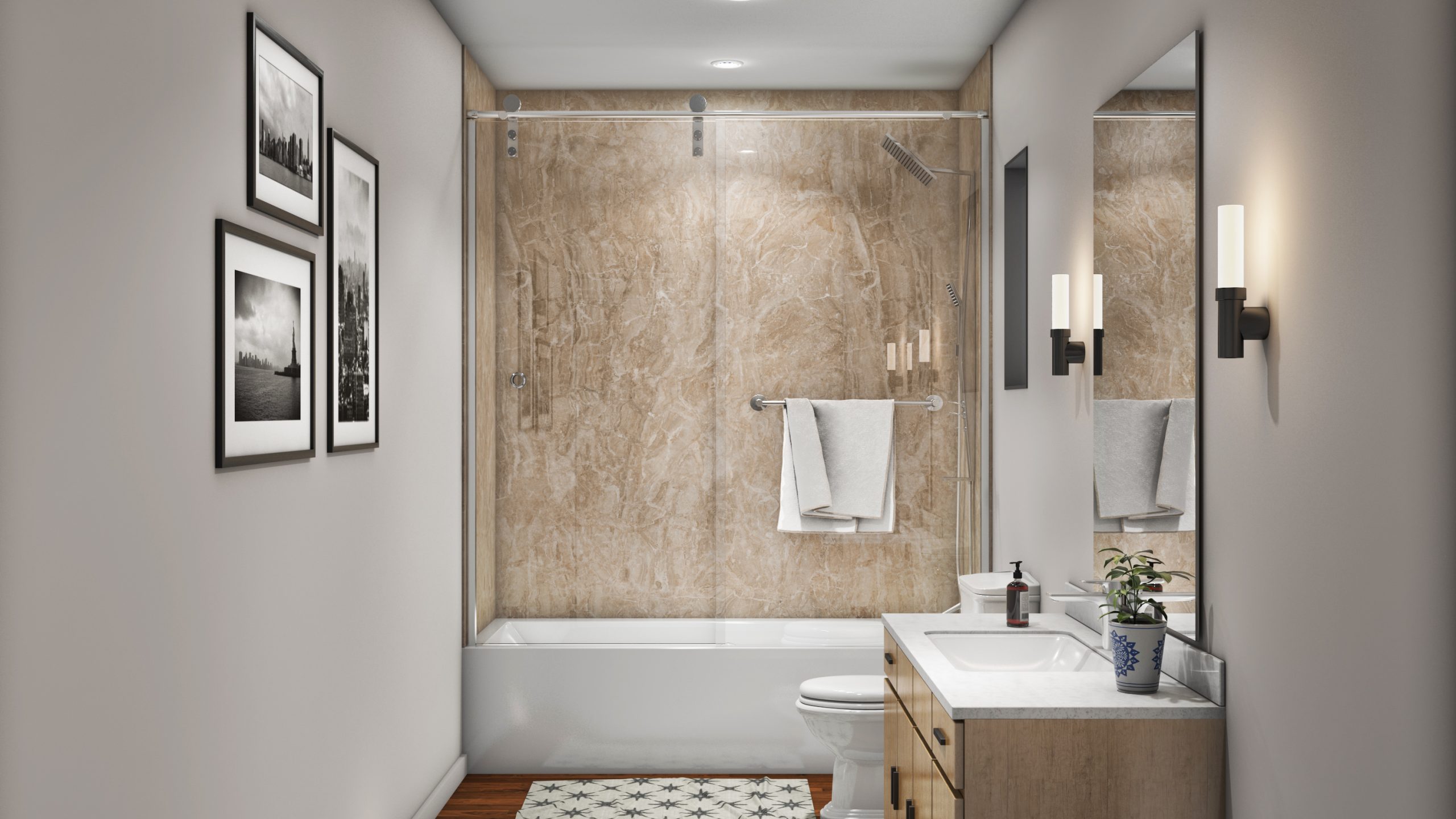 A clean, stylish bathroom with both a shower and tub, showing comfort and relaxation for any busy household.