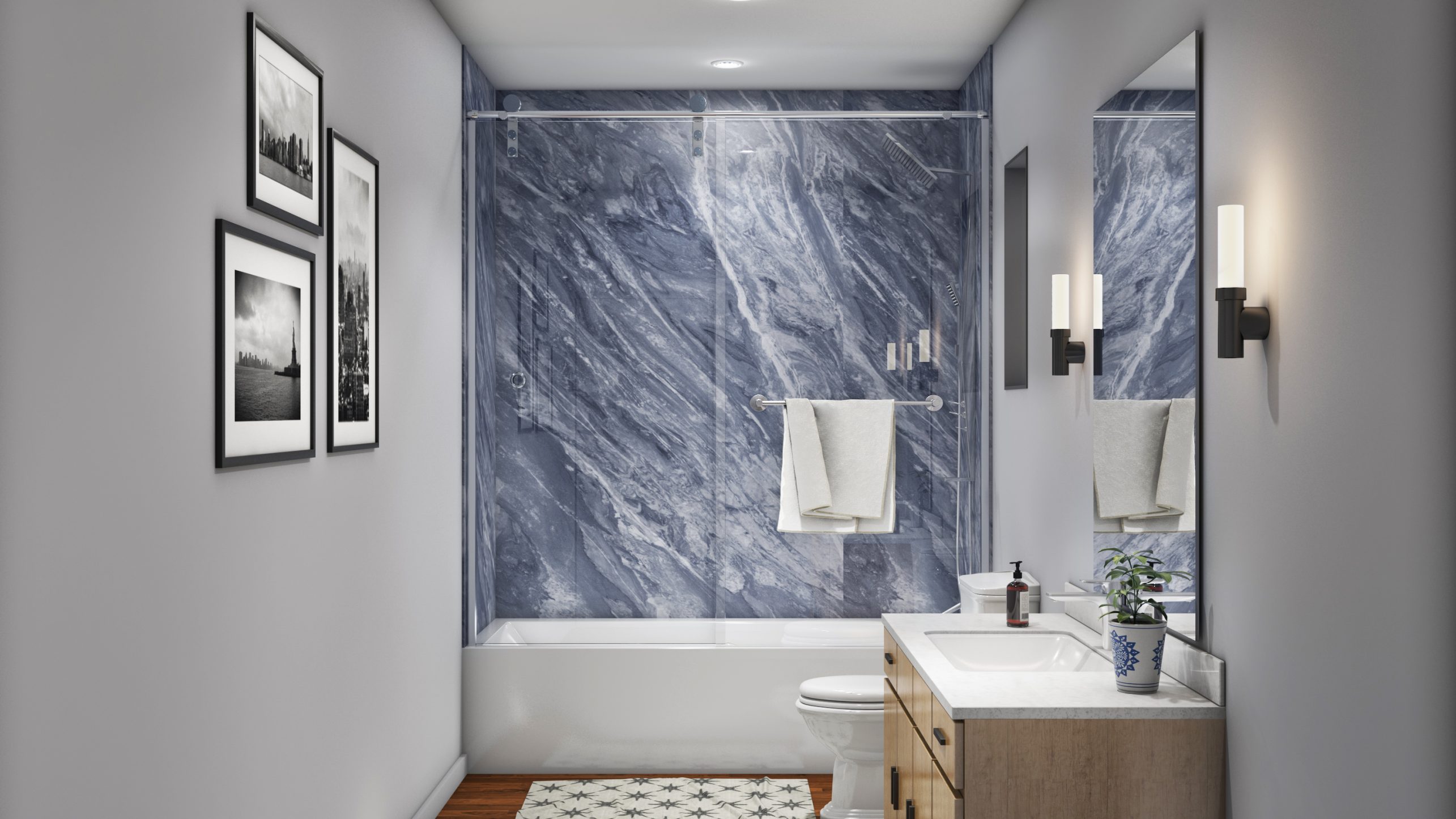 A remodeled bathroom by Mid State Baths, showing a stylish shower, spacious tub, and neat vanity in a clean and cozy setup.
