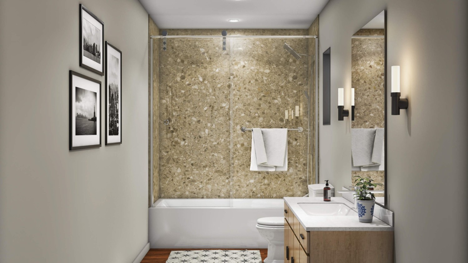 A stylish, clean bathroom by Mid State Baths shows comfort, relaxation, and modern design.