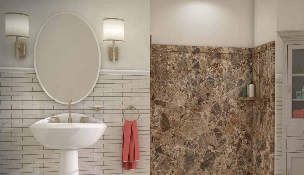 A clean, bright bathroom remodel by Mid State Baths shows a stylish space for new tub or shower inspiration.