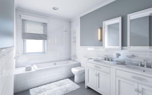 A clean, comfortable bathroom with a big tub and double sinks shows how Mid State Baths can improve your space for relaxation.
