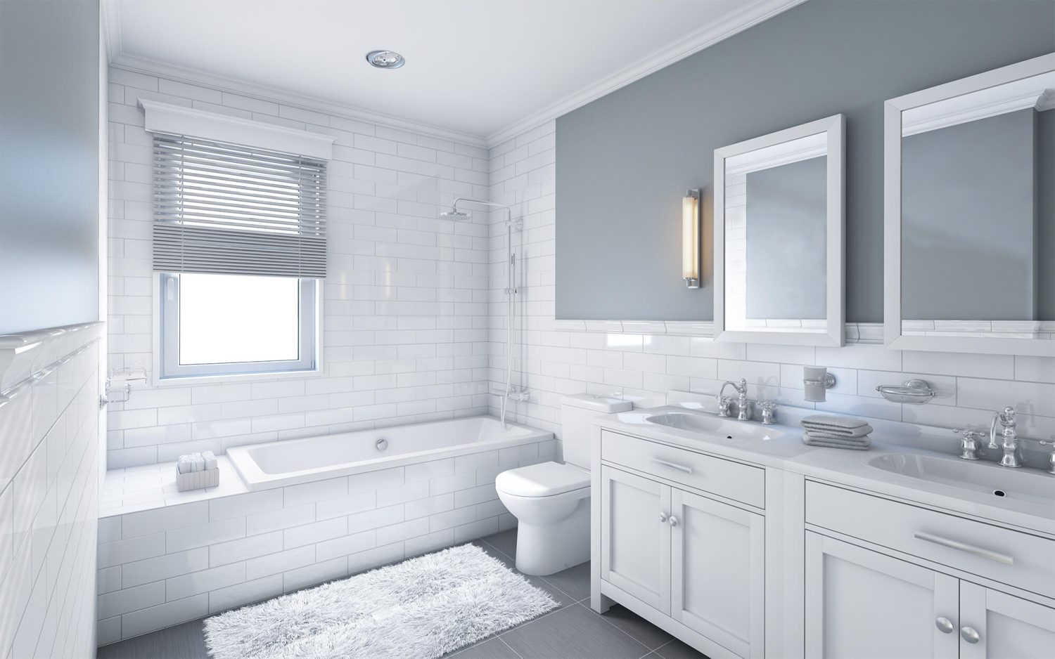 A clean, comfortable bathroom with a big tub and double sinks shows how Mid State Baths can improve your space for relaxation.