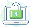 A laptop with a green padlock shows clients that Mid State Baths keeps their shower plans and personal info safe online.