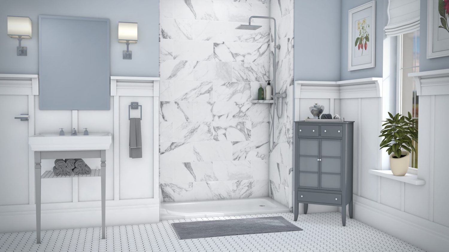 A clean, modern bathroom by Mid State Baths shows a stylish remodel with fresh colors and smart storage.
