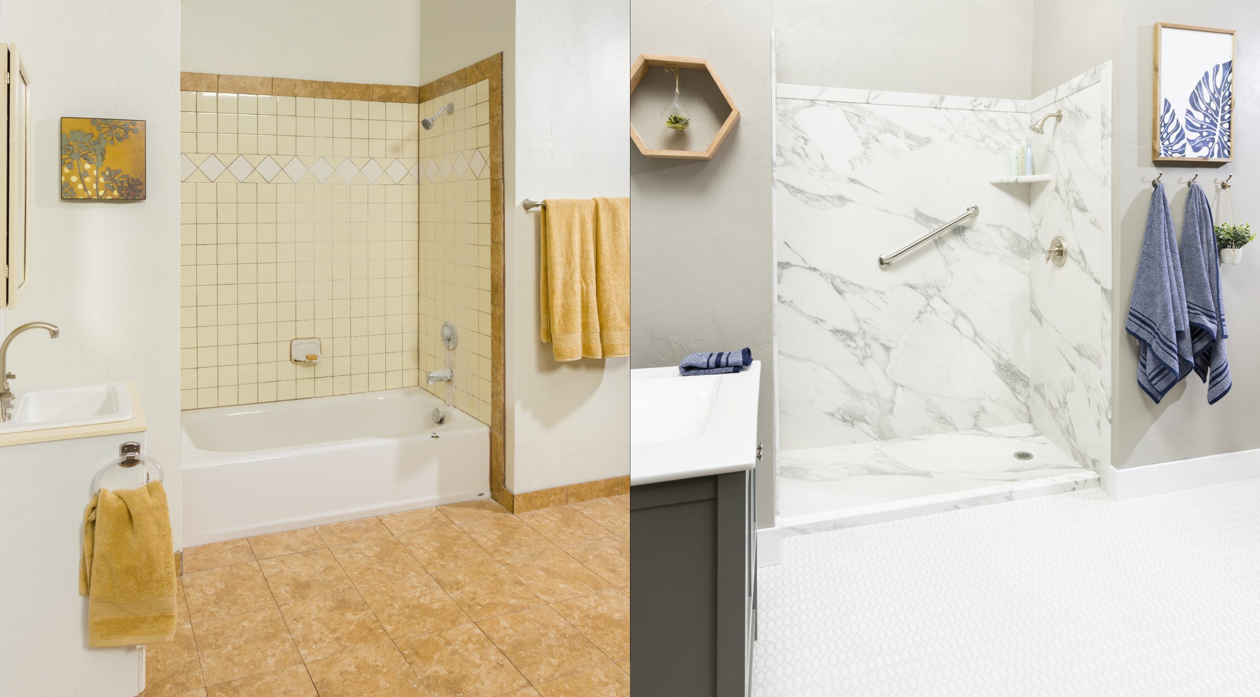 This photo shows how Mid State Baths turned an old yellow-tiled tub into a bright, modern walk-in shower.