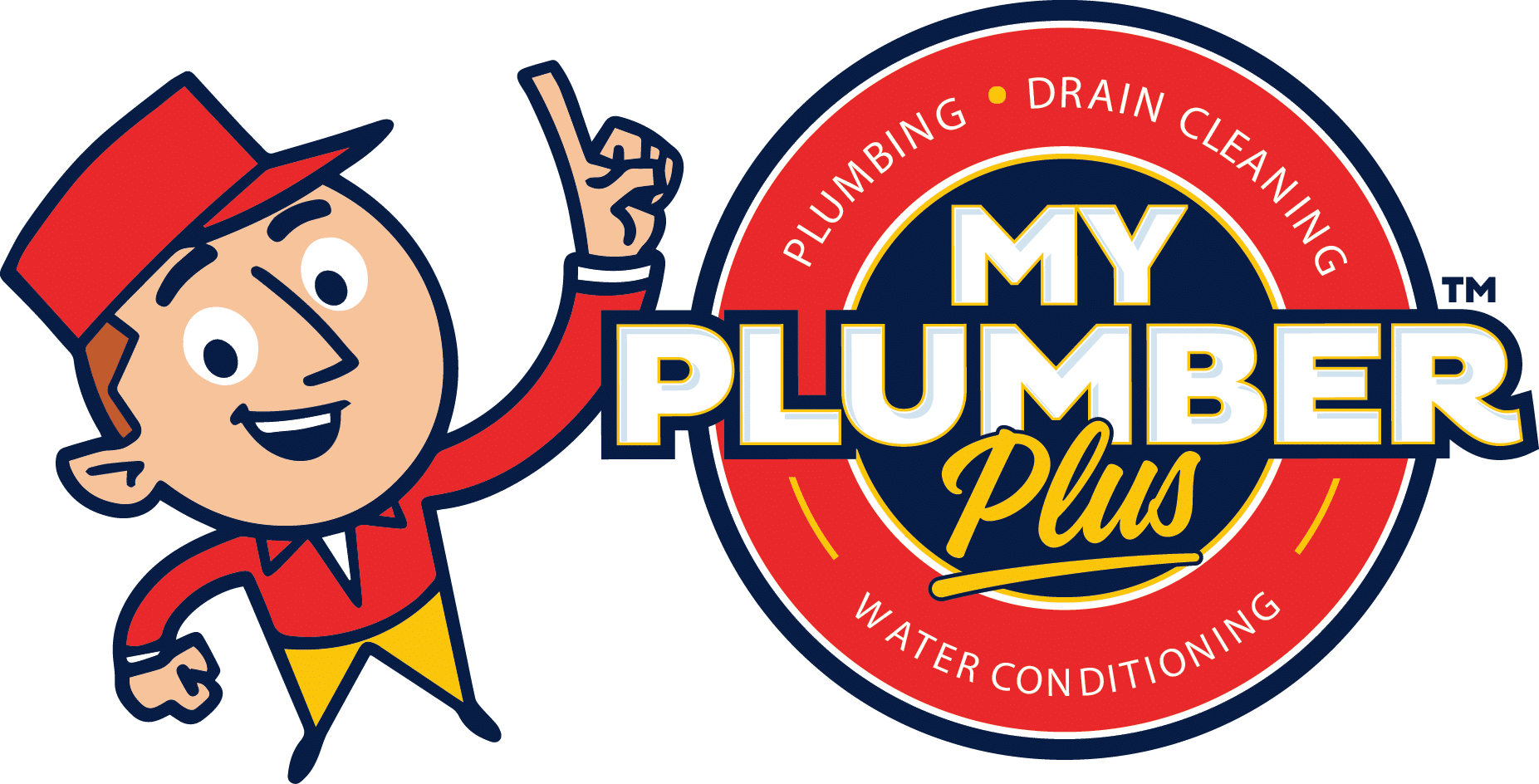 Cartoon plumber pointing at a circular logo for "My Plumber Plus," featuring services: plumbing, drain cleaning, and water conditioning.