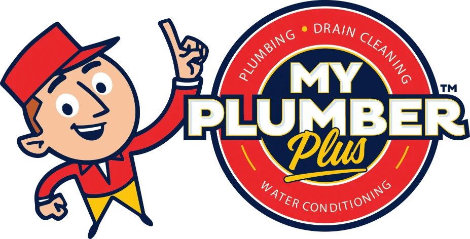 Cartoon mascot in red uniform points to a circular logo reading "My Plumber Plus: Plumbing, Drain Cleaning, Water Conditioning" in bold text.