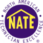 North American Technician Excellence (NATE) logo in purple and yellow, featuring a stylized house outline surrounding the acronym "NATE.