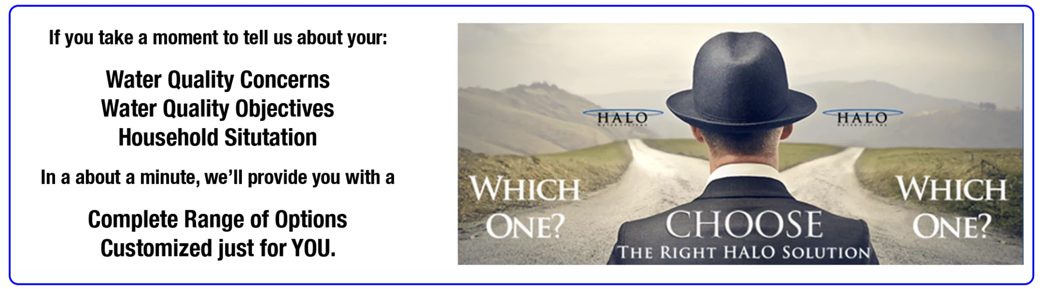 Man in suit and hat stands at forked road with the text "Which One? Choose the Right Halo Solution" on a countryside background.