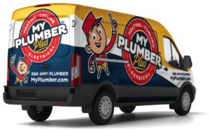 A plumbing service van with colorful branding displays the text "My Plumber Plus" along with a cartoon mascot and contact information on its side.