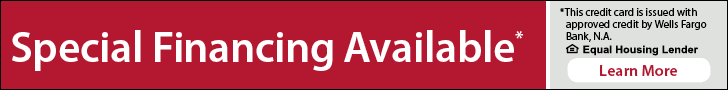 Banner stating "Special Financing Available" with a note on credit card issuance by Wells Fargo Bank. A "Learn More" button is on the right.