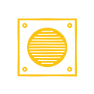 A yellow circle with four corner dots inside a square on a black background.