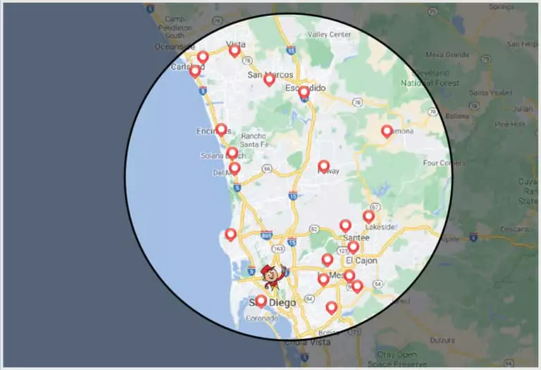 Map highlighting San Diego area, bordered in black, with red location pins marking various points of interest across the region.