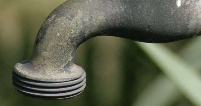 Close-up of an old, weathered outdoor faucet spout with visible rust and mineral deposits, set against a blurred green background.