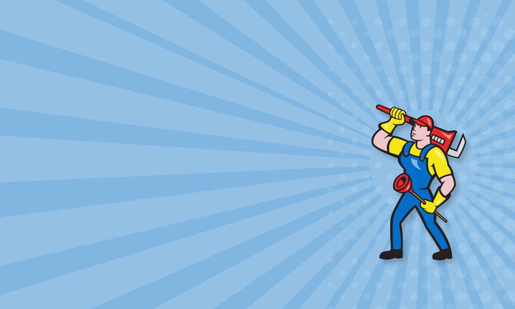 A cartoon construction worker in a yellow hard hat and blue overalls holds a hammer and tool belt against a blue radial gradient background.