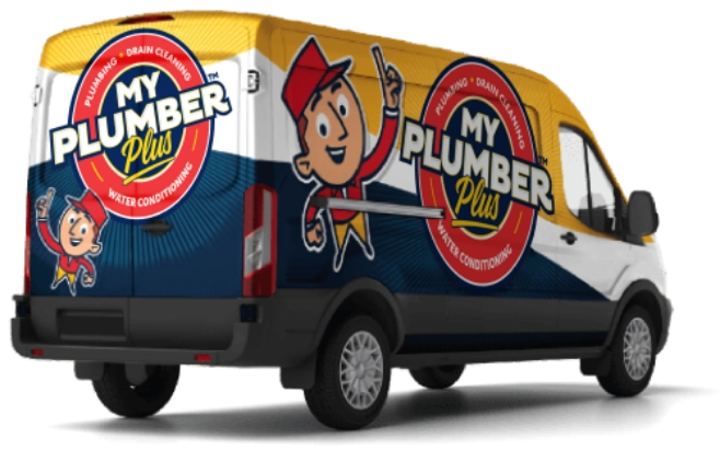 A commercial van with "My Plumber Plus" branding, featuring a cartoon plumber character and advertising plumbing, drain cleaning, and water conditioning services.