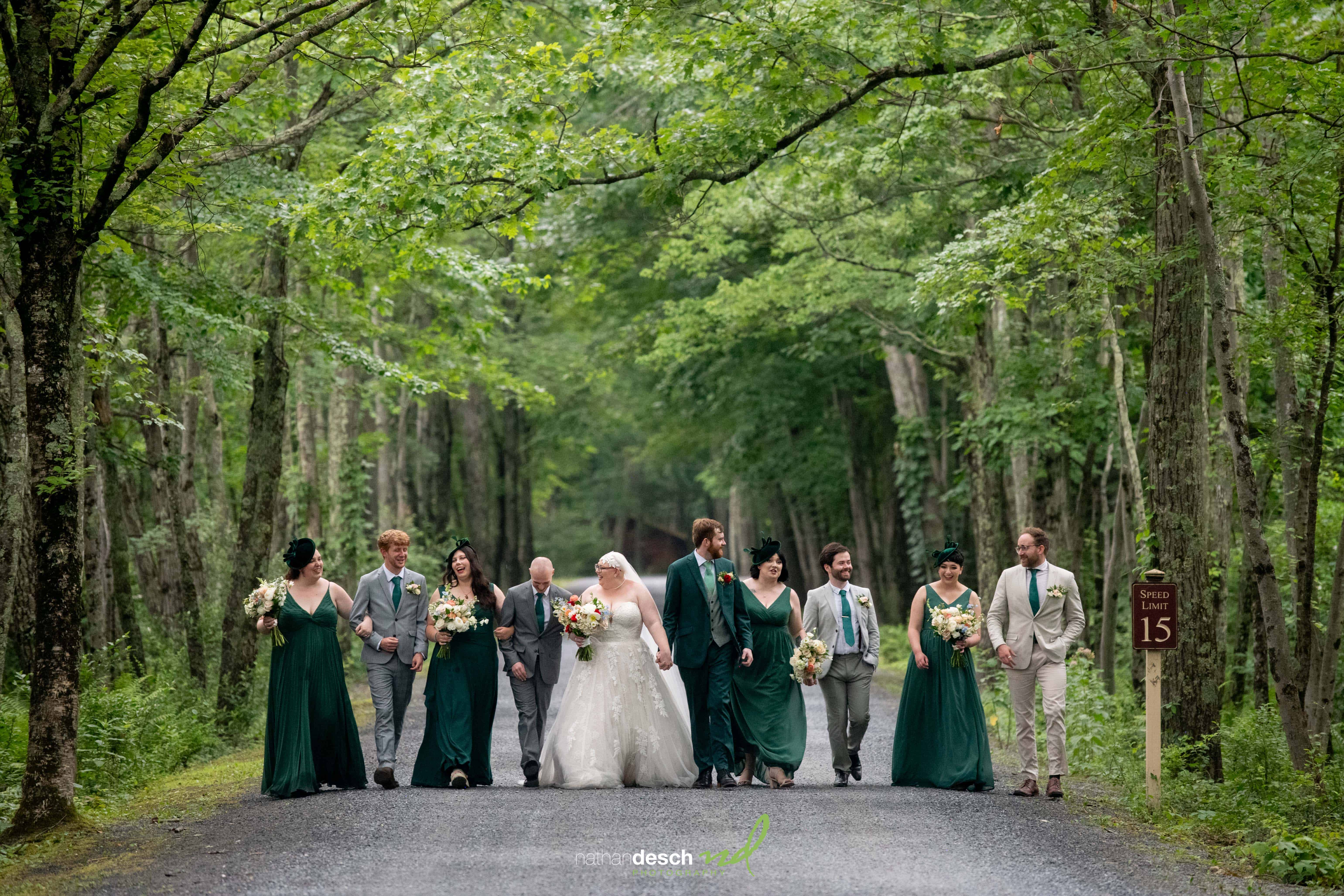Bride in white leads smiling wedding party, bridesmaids in green and groomsmen in gray, walking down tree-lined road.
