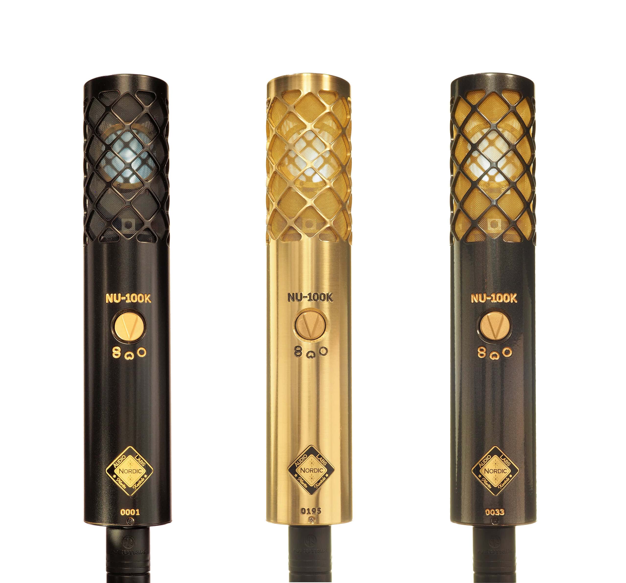 Three NU-100K condenser microphones in matte black, brushed gold, and black-gold hybrid finishes.