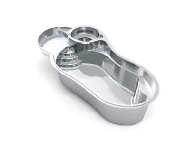 A 3D-rendered image of a kidney-shaped, in-ground fiberglass pool featuring built-in steps and a circular spa attached to one end, shown from an overhead angle—ideal inspiration for pool projects.