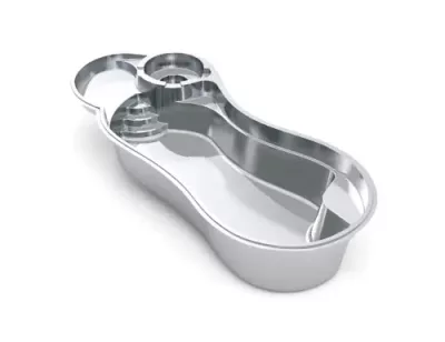 A 3D rendering of a silver, kidney-shaped concrete swimming pool with built-in steps and a circular shallow area at one end. The modern design features smooth, rounded edges—ideal inspiration for your next swimming pool installation.