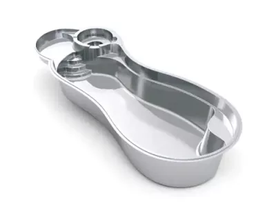A 3D rendering of a metallic, kidney-shaped swimming pool showcases the sleek design often achieved with fiberglass pools, featuring steps into a circular shallow area and a narrow, deeper section extending outward.
