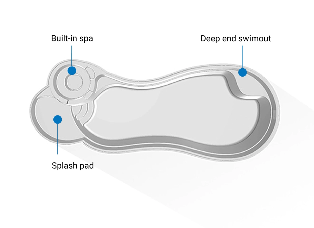 Top view diagram of a curvy concrete swimming pool, labeled with a built-in spa at the rounded end, splash pad beside it, and deep end swimout at the wider end—ideal inspiration for your next swimming pool installation.