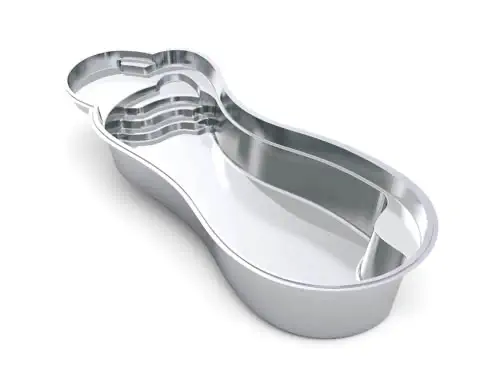 A metal cake pan shaped like a peanut, with smooth sides and a shiny finish, is shown on a white background—perfect for celebrating pool projects or gifting your favorite swimming pool contractor.