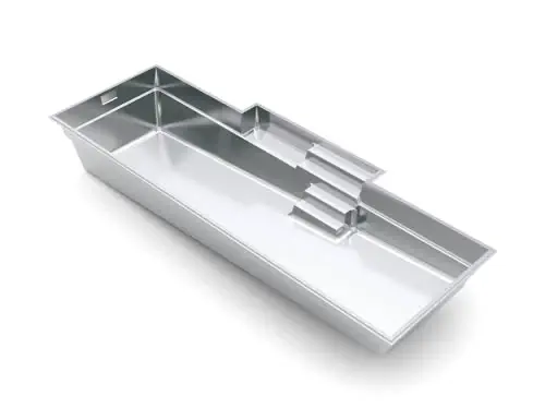 A rectangular, empty, in-ground concrete swimming pool shell with steps on one end sits on a clean, white background. The pool features straight edges and a modern design—ideal inspiration for pool projects or swimming pool installation.