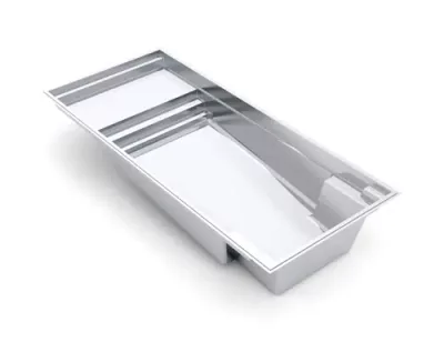 Rectangular stainless steel swimming pool shell with built-in steps, shown on a white background. Offering clean, modern lines, this stylish alternative to concrete swimming pools is ideal for a sleek, contemporary swimming pool installation.