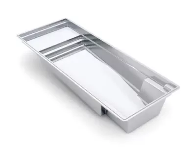 A rectangular, in-ground fiberglass pool shell with built-in steps at one end, shown empty and made of smooth, light-colored material. The pool features a modern, minimalist design ideal for those seeking stylish fiberglass pools.
