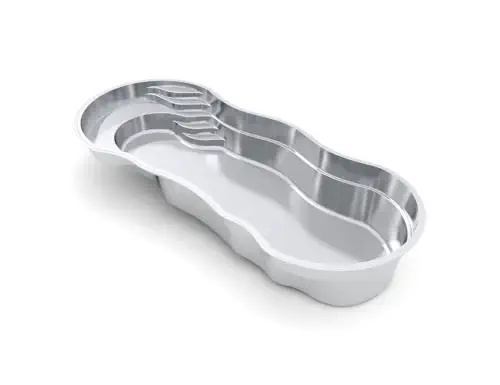 A 3D rendering of a white, kidney-shaped swimming pool with built-in curved steps at one end, viewed from an elevated angle—perfect inspiration for your next pool project or to consult with a swimming pool contractor.
