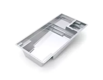 Rectangular in-ground fiberglass pool with built-in steps and seating areas, shown from an angled top view against a white background—ideal for your next swimming pool installation.