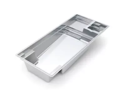 A rectangular, in-ground fiberglass pool shell with built-in steps and seating areas, shown empty and viewed from an angle on a white background—ideal for pool projects or swimming pool installation.
