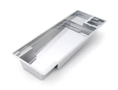 Rectangular in-ground concrete swimming pool shell with steps and bench seating, shown empty against a white background—ideal inspiration for custom pool projects.