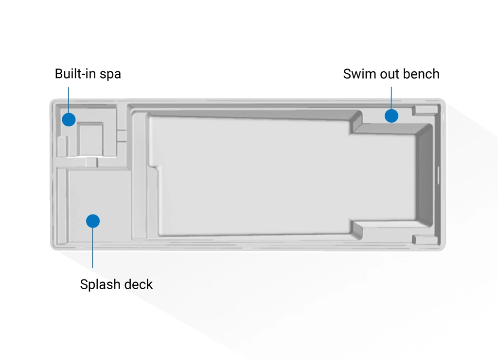 Top-down diagram of a rectangular concrete swimming pool with labeled features: a built-in spa in the upper left corner, a swim out bench on the right side, and a splash deck on the lower left to inspire your pool projects.
