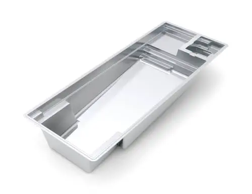 A rectangular, empty, stainless steel sink insert with multiple compartments, viewed from an angle on a white background—perfect for pool projects managed by any professional swimming pool contractor.