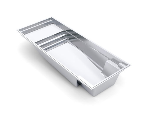 A 3D-rendered image of a rectangular, in-ground concrete swimming pool with built-in steps and a ledge along one side, shown from an angled top view—ideal inspiration for pool projects or consultation with a swimming pool contractor.