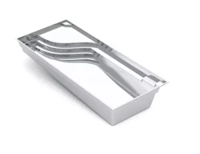 A stainless steel kitchen drawer organizer with four separate compartments for holding utensils, as elegantly arranged as concrete swimming pools by a skilled swimming pool contractor, displayed on a white background.