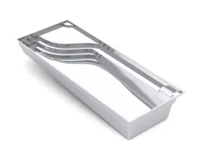 A rectangular metal tray, as sleek as a concrete swimming pool, holds three metal spoons and one metal fork in parallel slots. Both the tray and utensils gleam with a shiny, reflective surface, much like a new swimming pool installation.